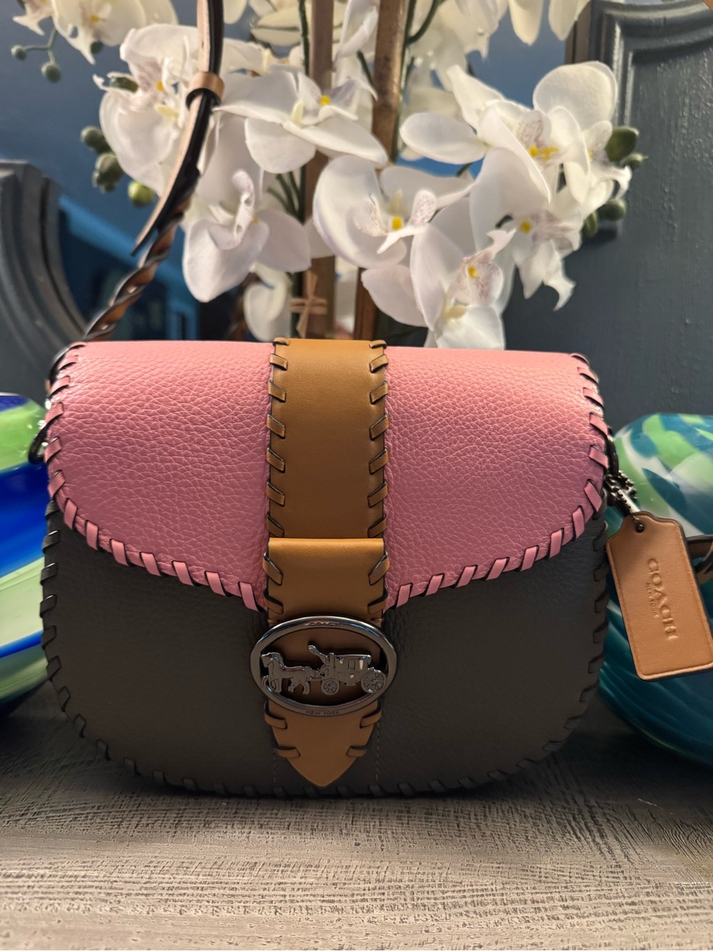 Coach Colorblock Leather Crossbody Bag in Pink, Tan & Olive LIKE NEW